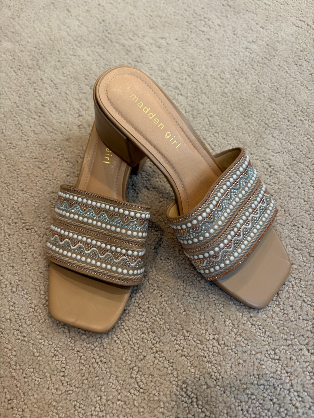 Madden Girl Penelope Beige Tan Beaded Slide Heels/Sandals Size 6